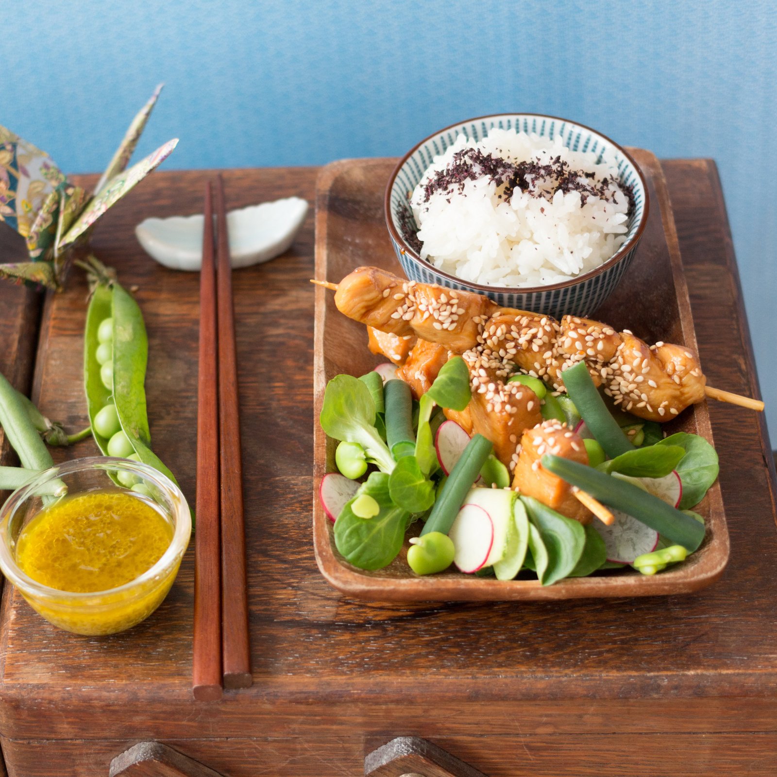 Moichef: Teriyaki chicken skewers and salad with a yuzu kosho vinaigrette